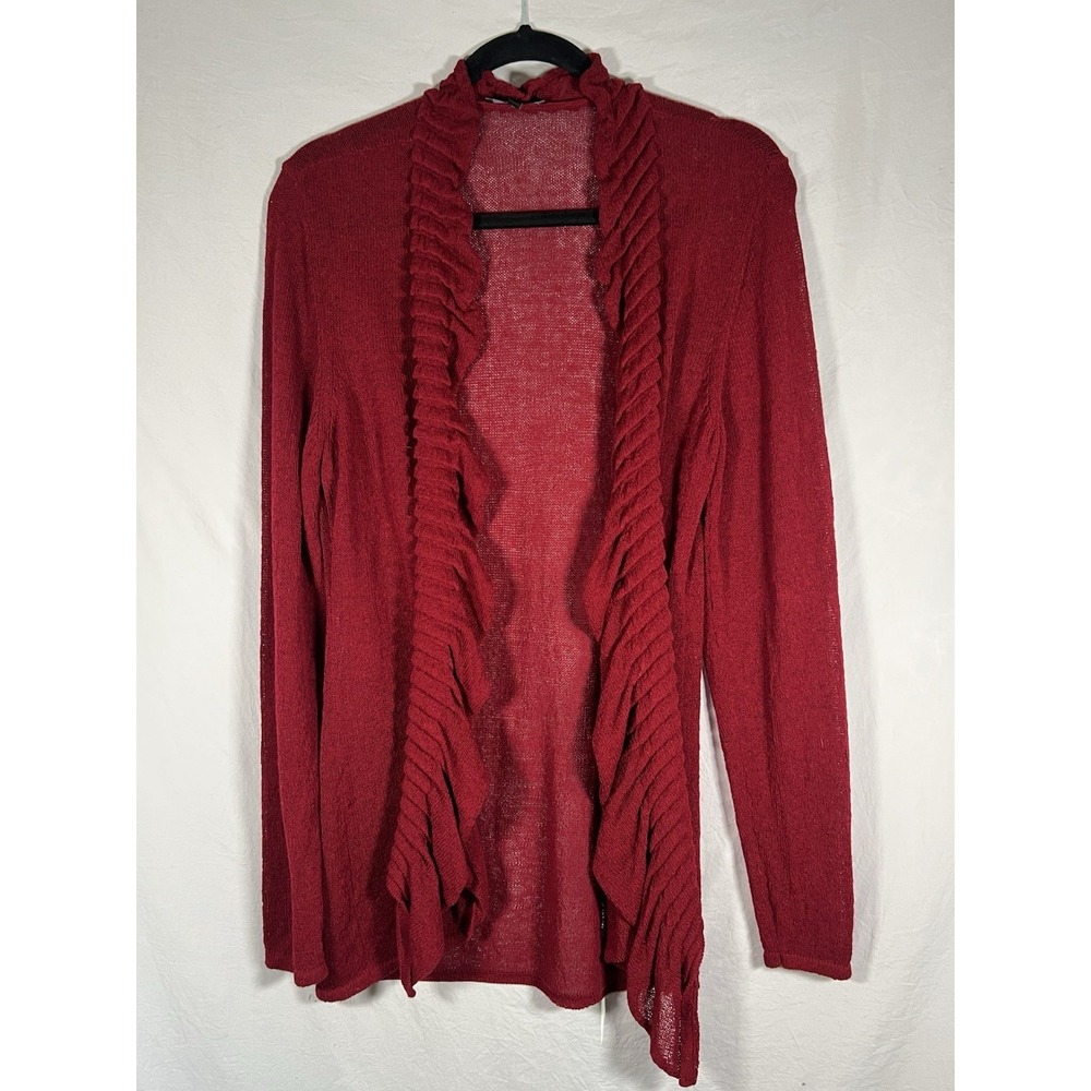 Eileen‎ Fisher Linen Burgundy Open Ruffle Neckline Lightweight Cardigan Size L